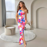 Contrast Color Shoulder Bag Hip Dress Slim Elegant Split Dress